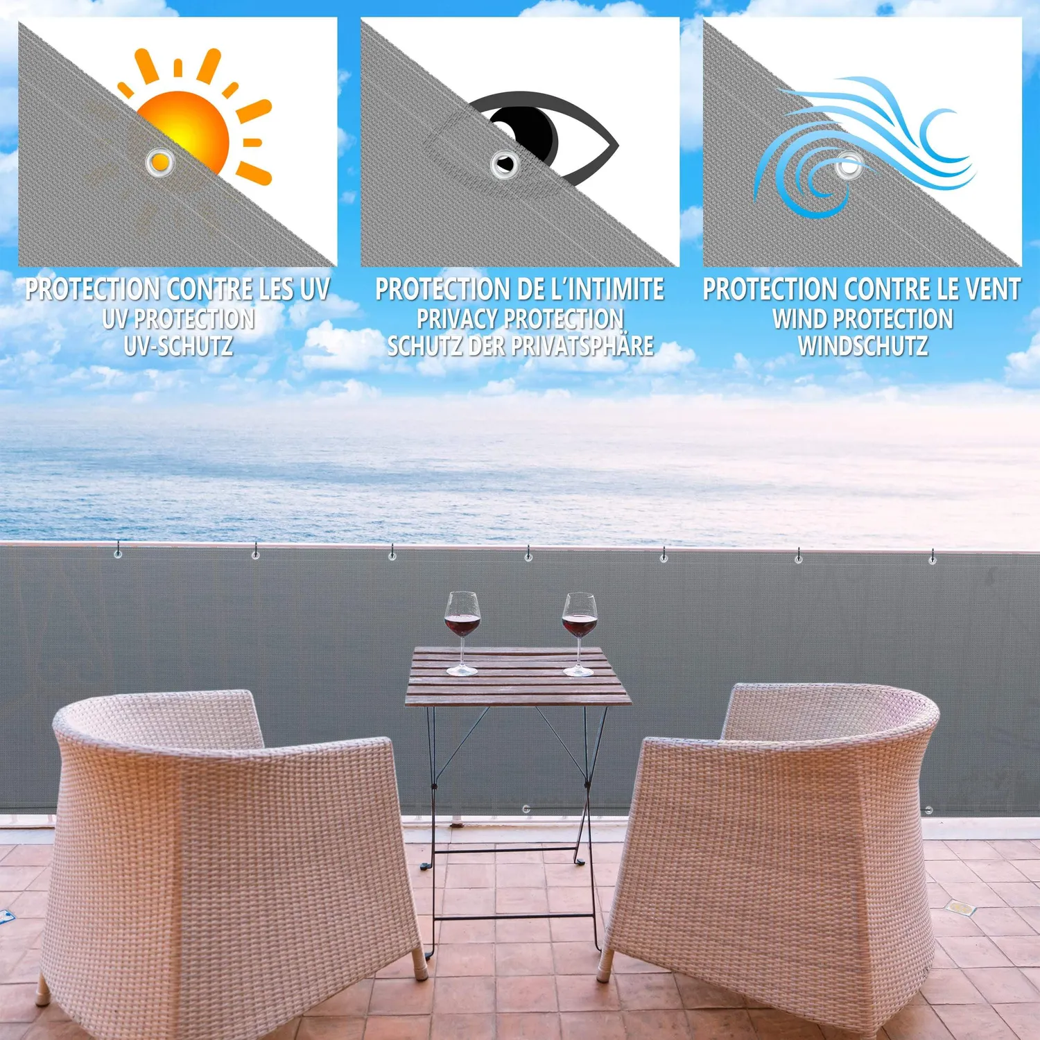 VOUNOT Frangivista balcone grigio 500x90 cm HDPE 230 g/m2