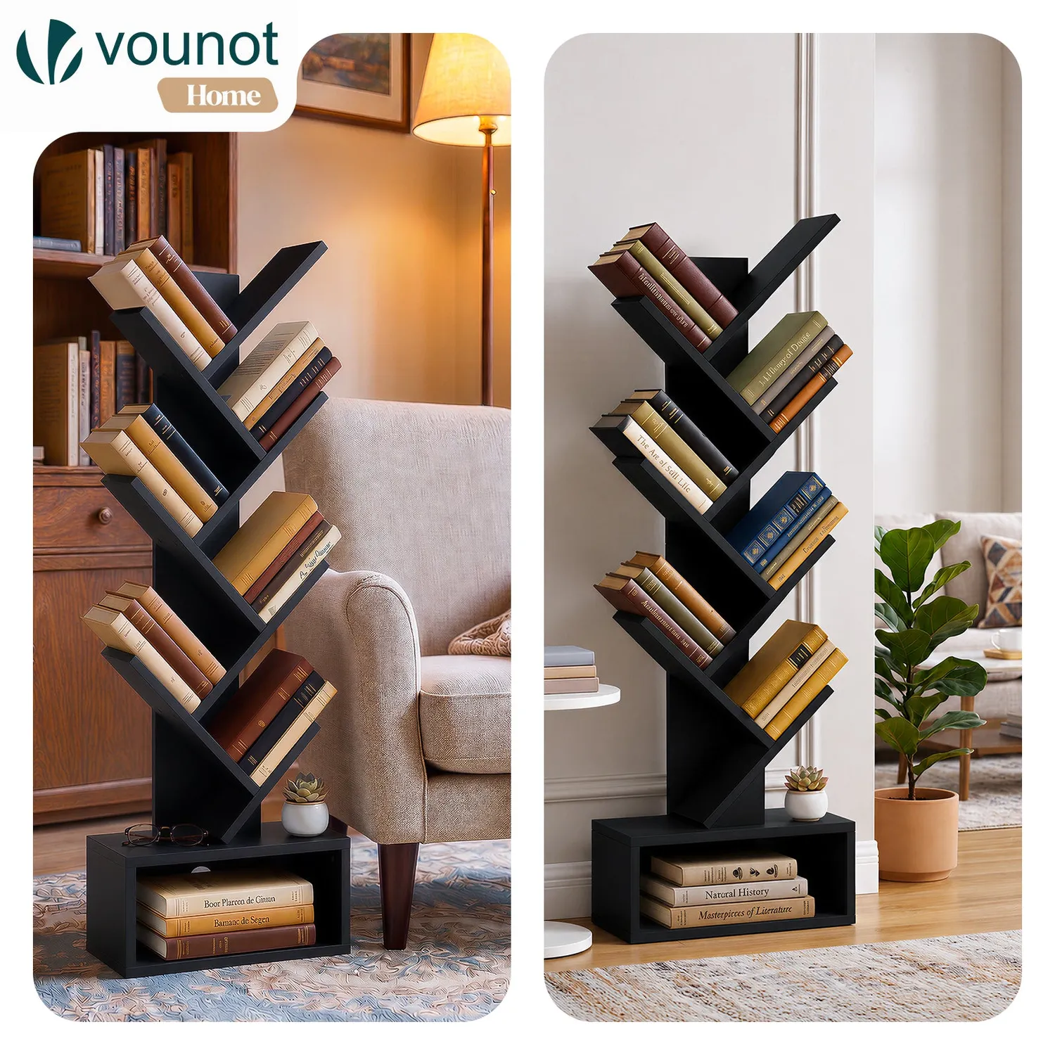 VOUNOT Libreria Albero Nera 38x19x113cm 6 Ripiani