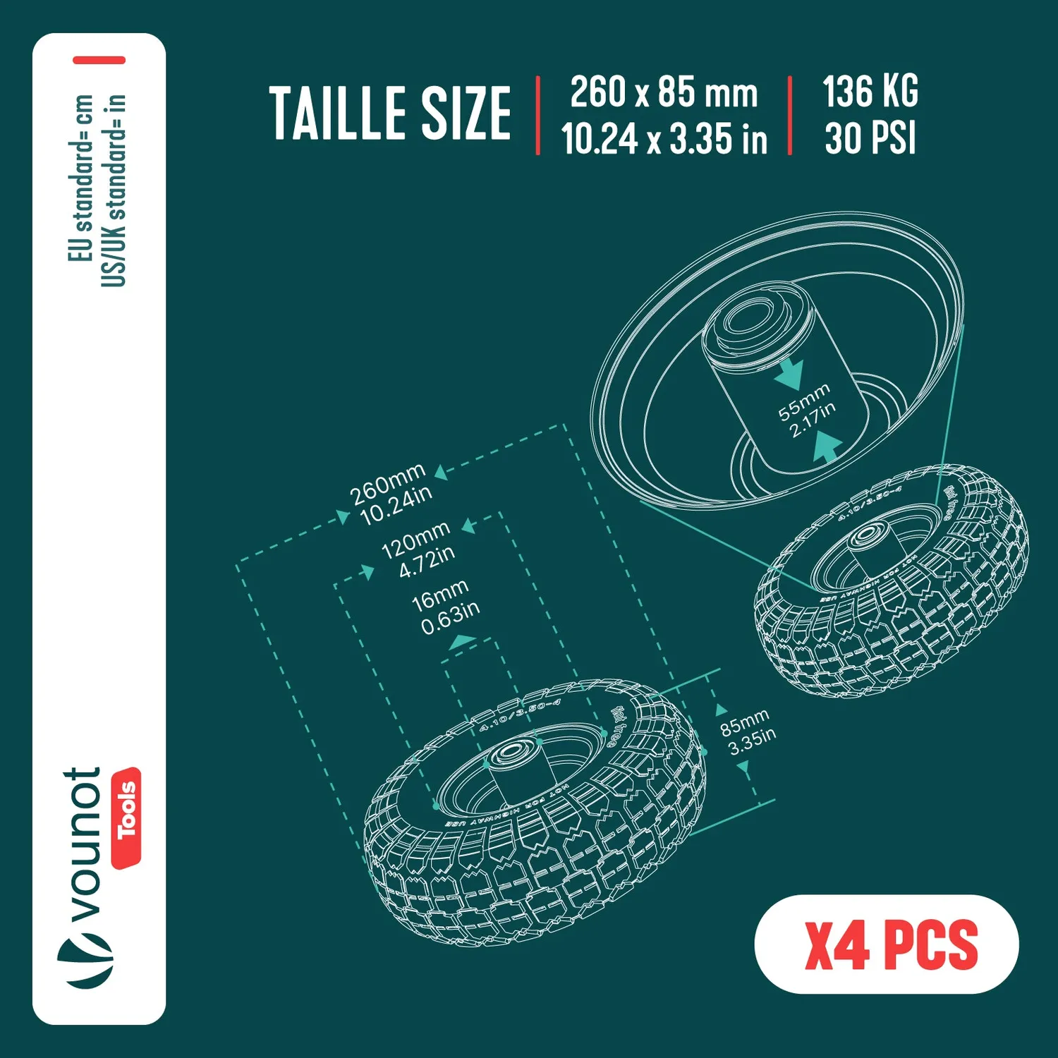 VOUNOT ruote pneumatiche 3.50-4 260x85 set 4 pezzi