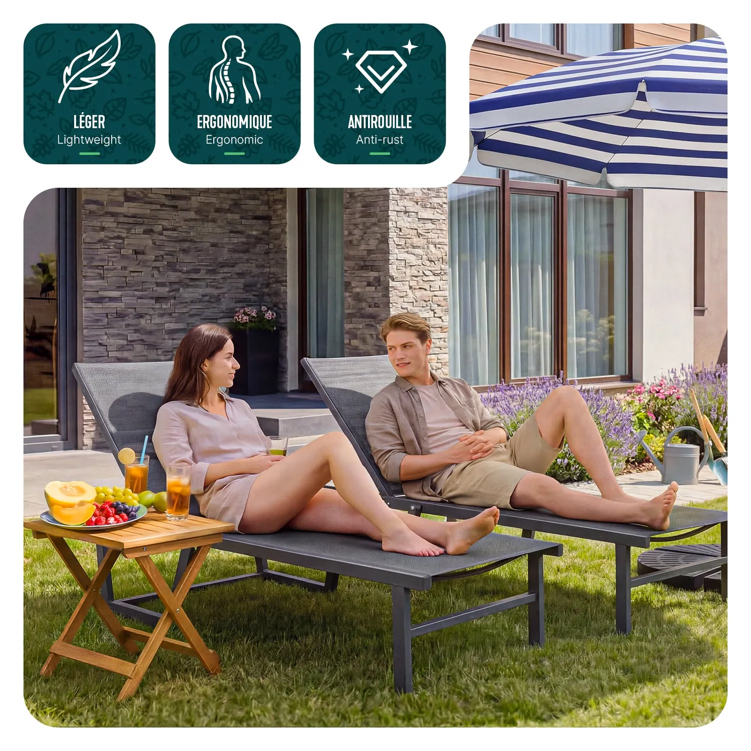 VOUNOT lettino prendisole textilene grigio 190x62x31 cm 2 pezzi