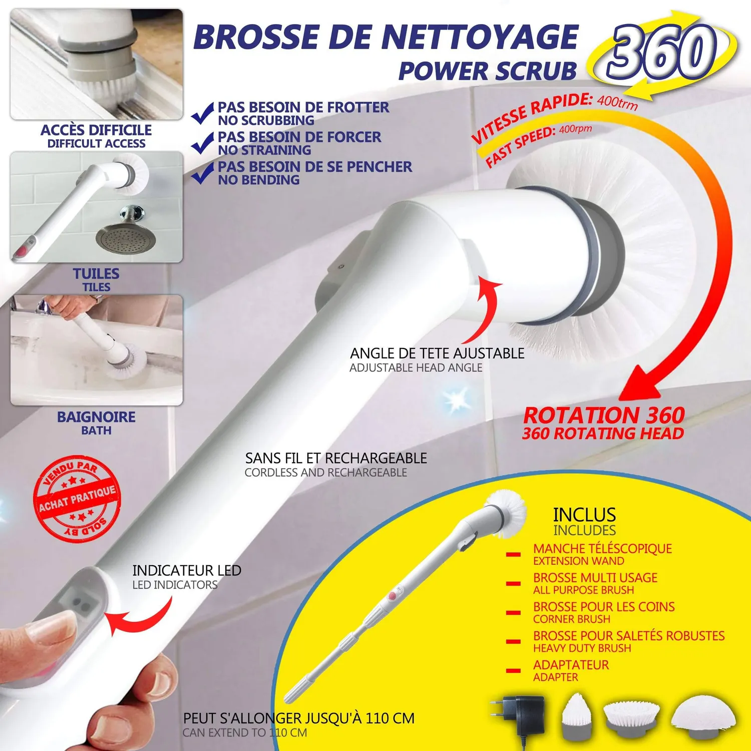 Vounot spazzola elettrica pulizia ricaricabile con manico 117cm