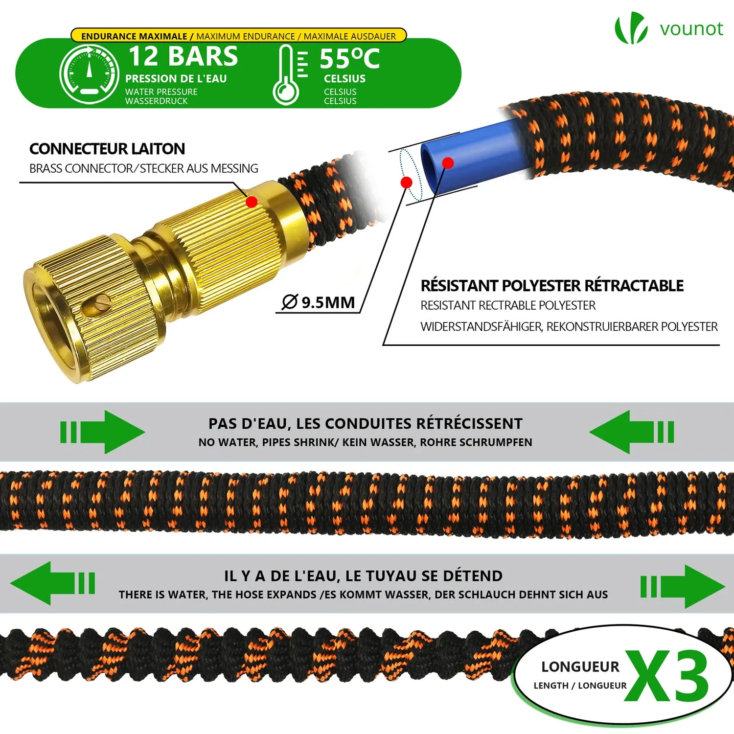 Vounot tubo irrigazione estensibile 15m arancione 10 getti