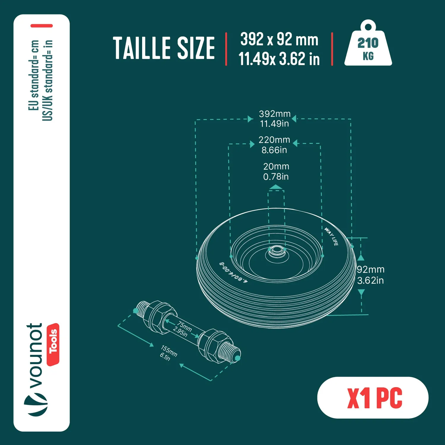 Vounot Ruota Piena Carriola 4.80/4.00-8 Gialla 392x92 mm