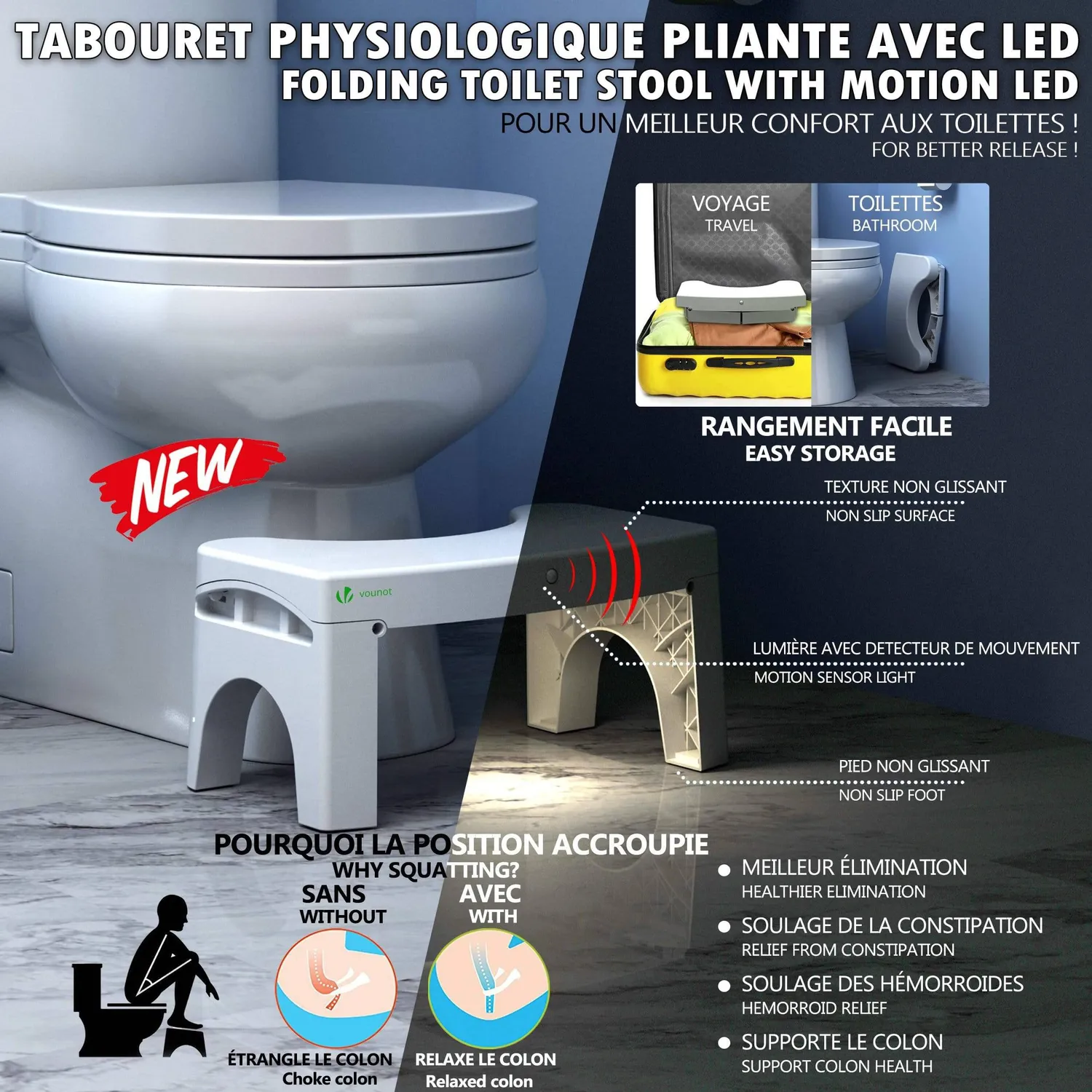 VOUNOT Sgabello WC Fisiologico Pieghevole con Luce Bianco