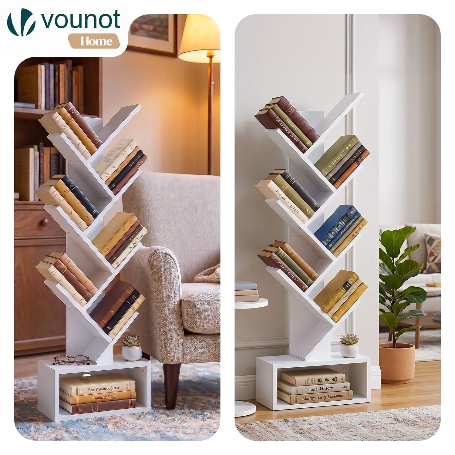 Vounot libreria albero 38x19x113 cm bianca 6 ripiani