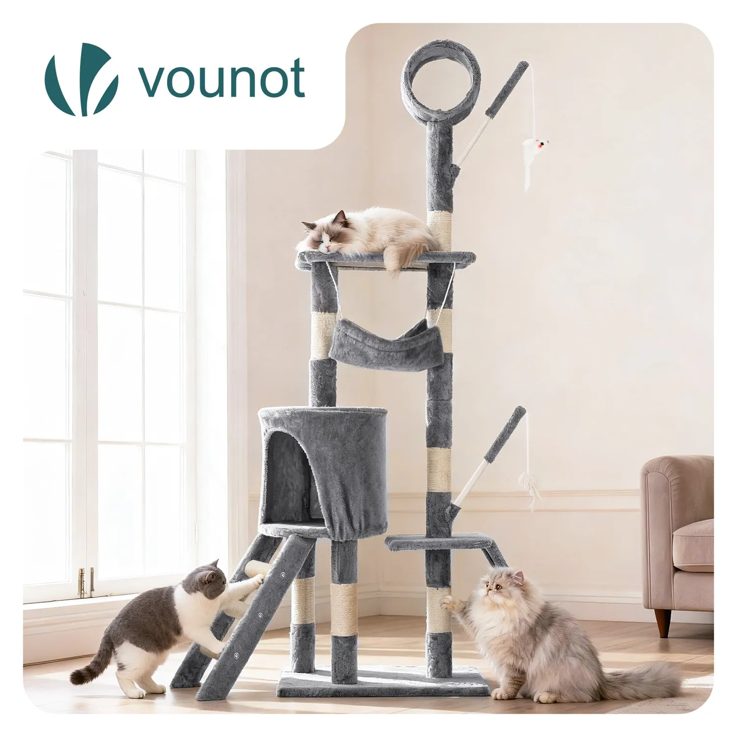 VOUNOT Albero Tiragraffi Gatto 155 cm Grigio multipiano