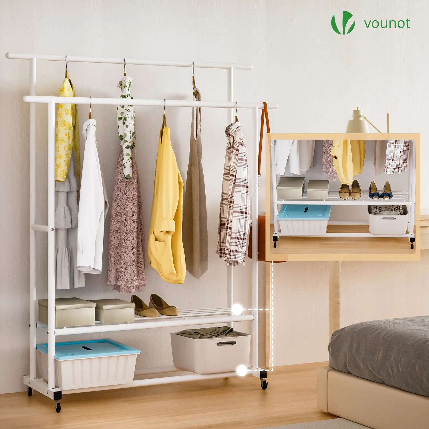 VOUNOT stender appendiabiti doppio 120x40x146 bianco ruote