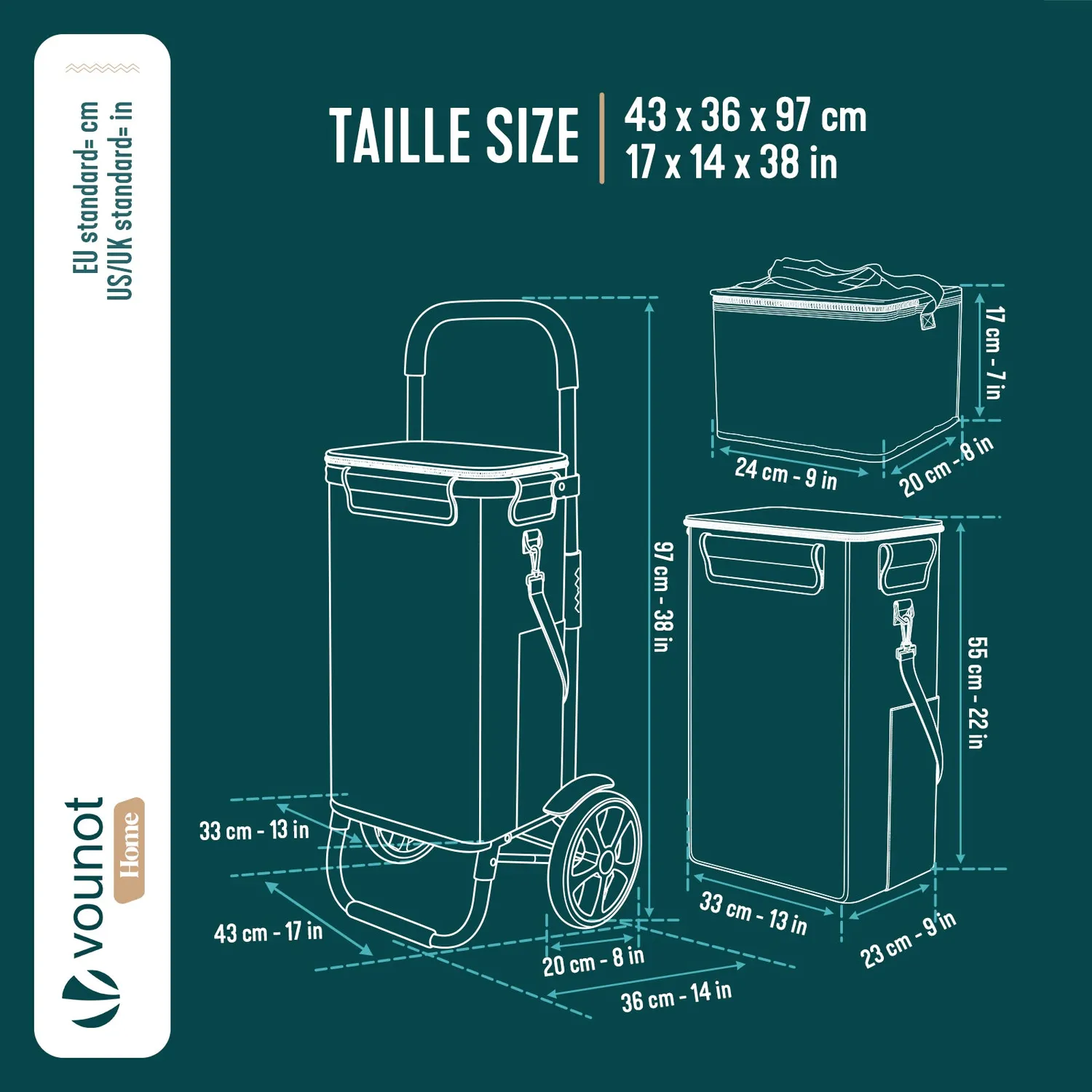 VOUNOT Carrello Spesa Pieghevole Nero 58L con Borsa Termica