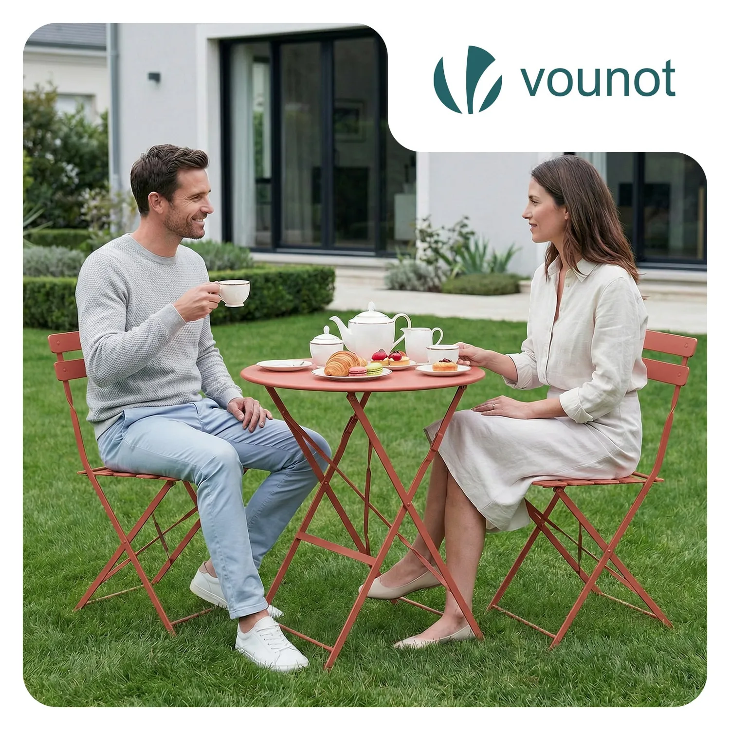 VOUNOT Set Bistrot Metallo Tavolo+2 Sedie Rosso Mattone Pieghevole