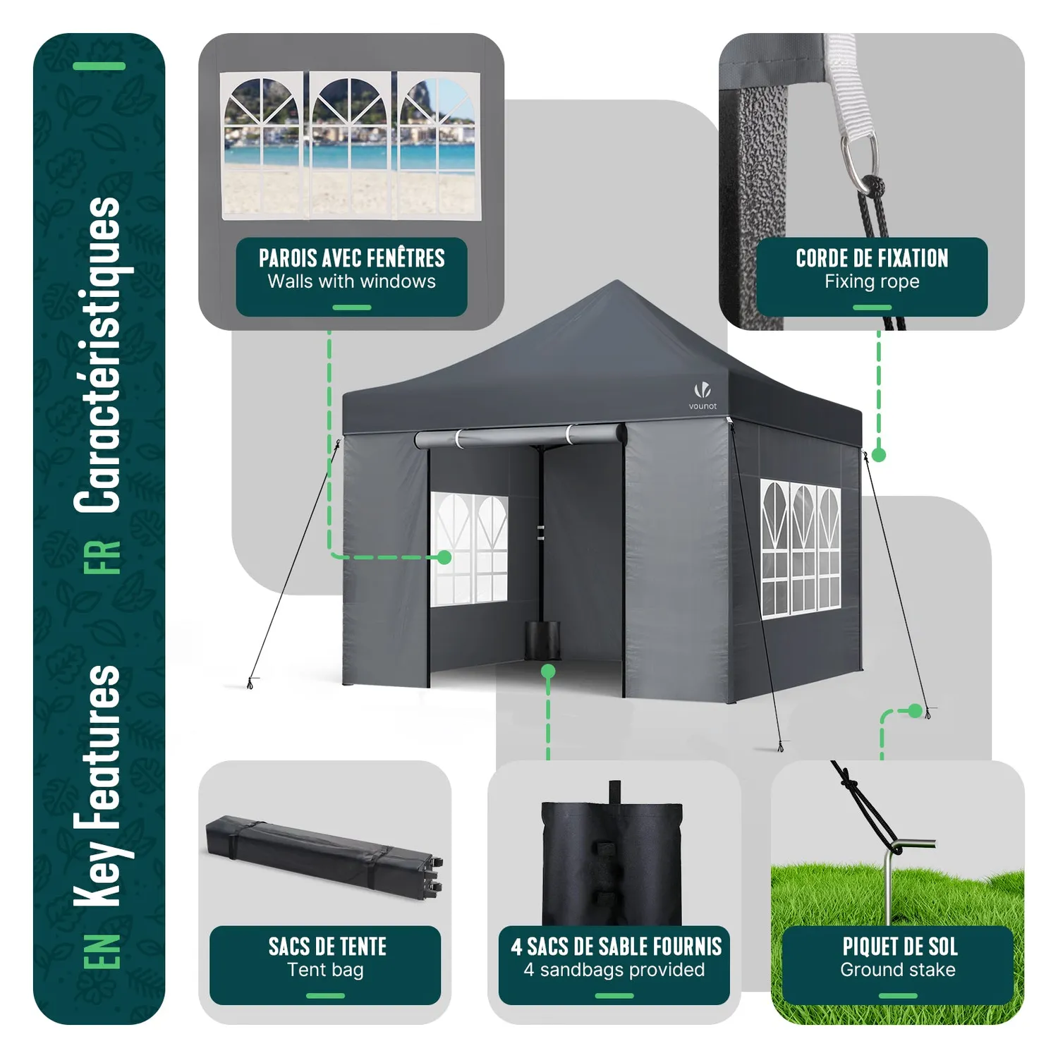 VOUNOT Gazebo Pieghevole 3x3 m con 4 Pareti Grigio Finestre