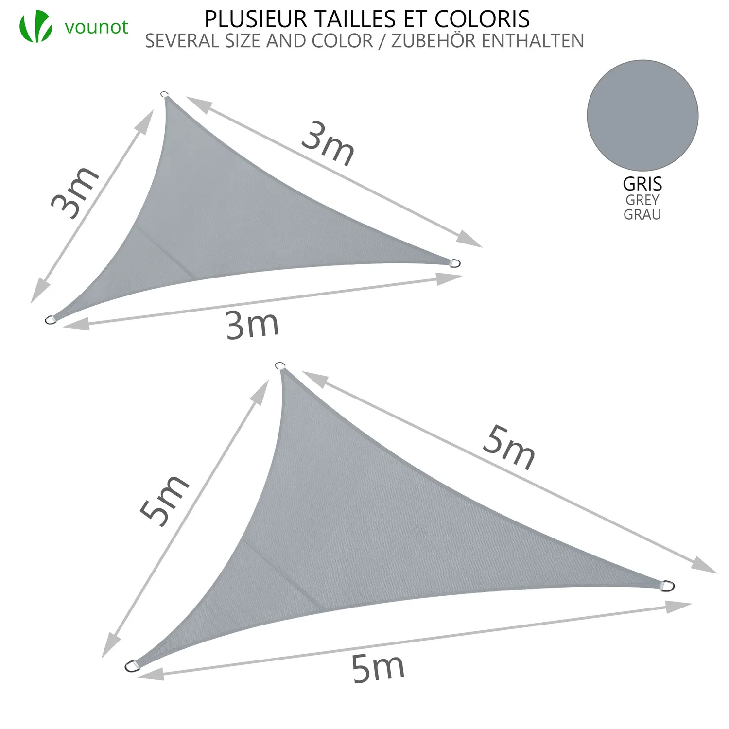 Vounot Vela Ombreggiante Triangolare 3x3x3m Grigia Impermeabile