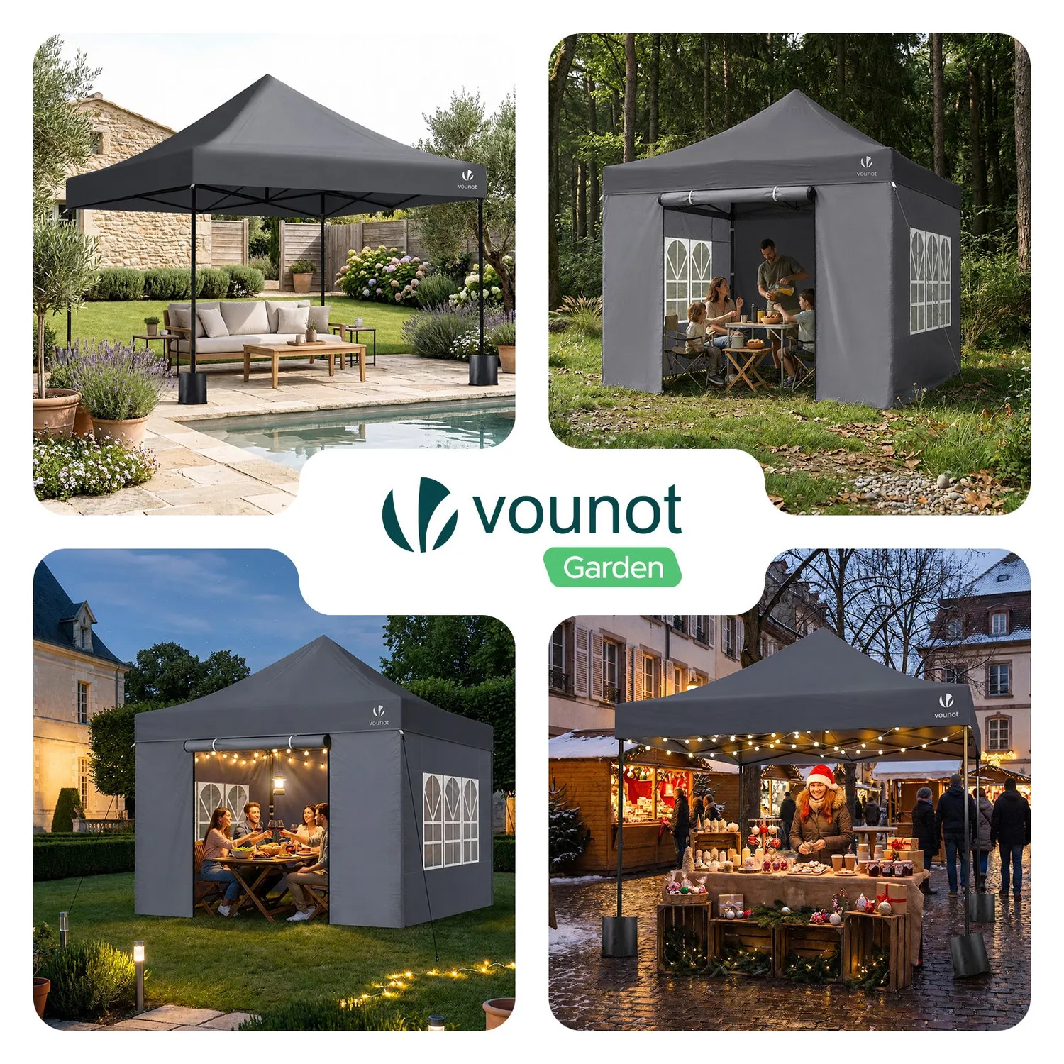 VOUNOT Gazebo Pieghevole 3x3 m con 4 Pareti Grigio Finestre