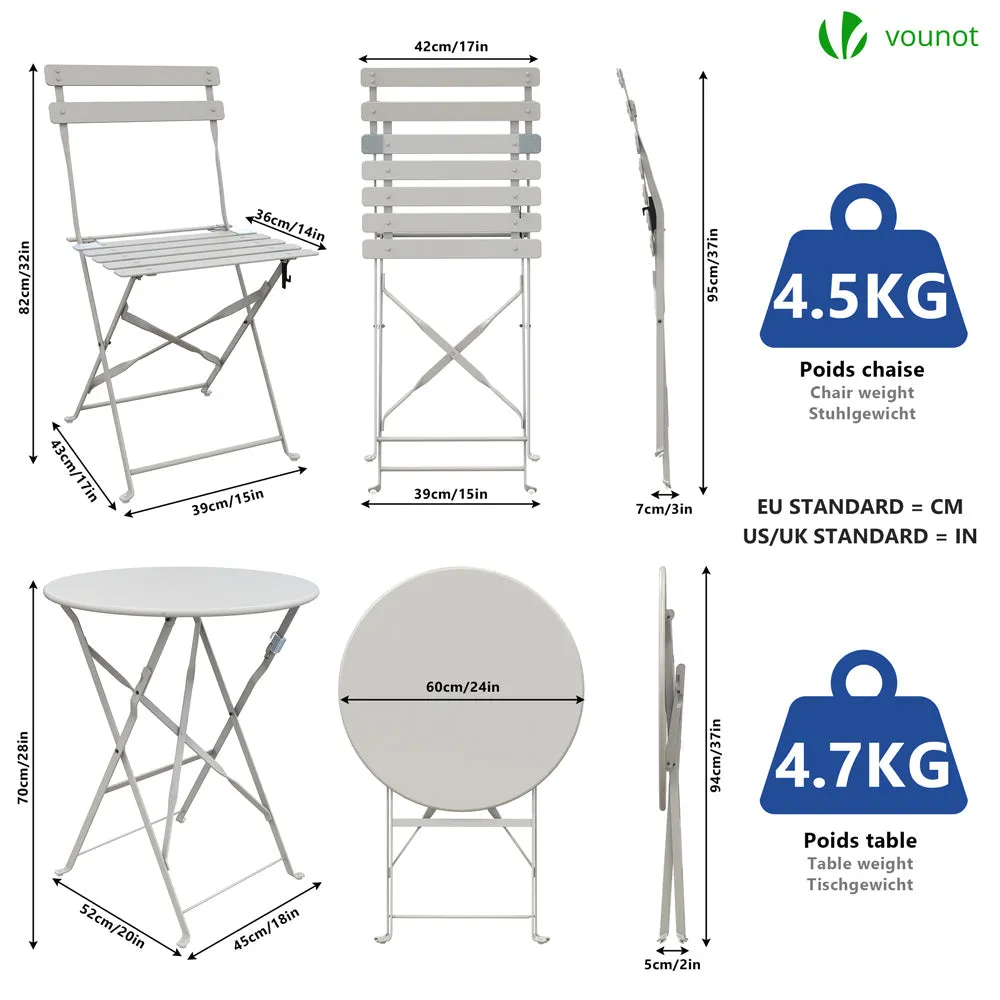 VOUNOT Set Bistrot Pieghevole Tavolo 2 Sedie Bianco Acciaio