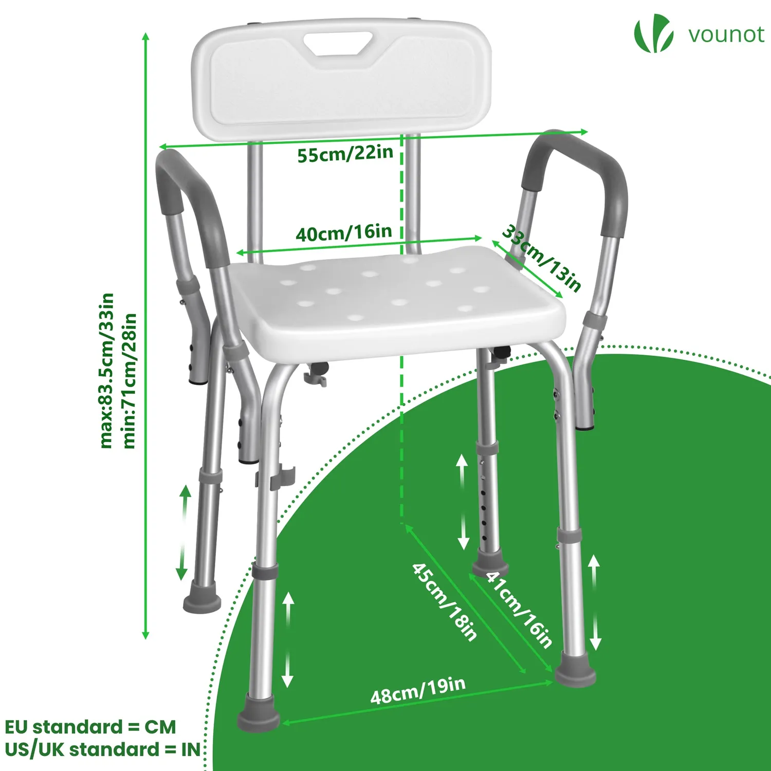 VOUNOT Sedia Doccia Alluminio Bianca con Braccioli antiscivolo