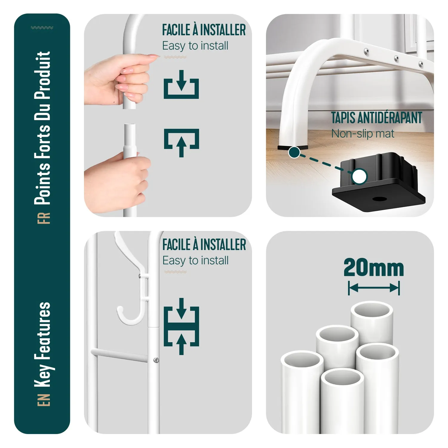 VOUNOT Appendiabiti Doppio Metallo Bianco 108x58x146 cm
