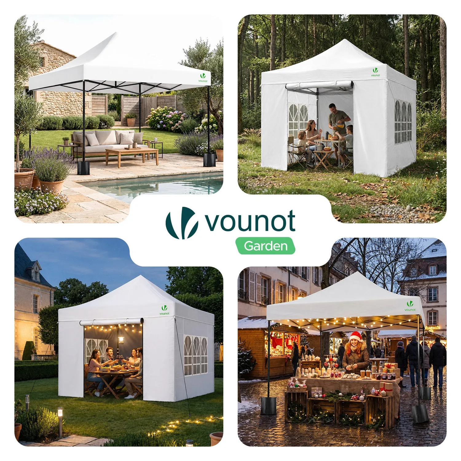 VOUNOT Gazebo Pieghevole 3x3 m Bianco con 4 Pareti