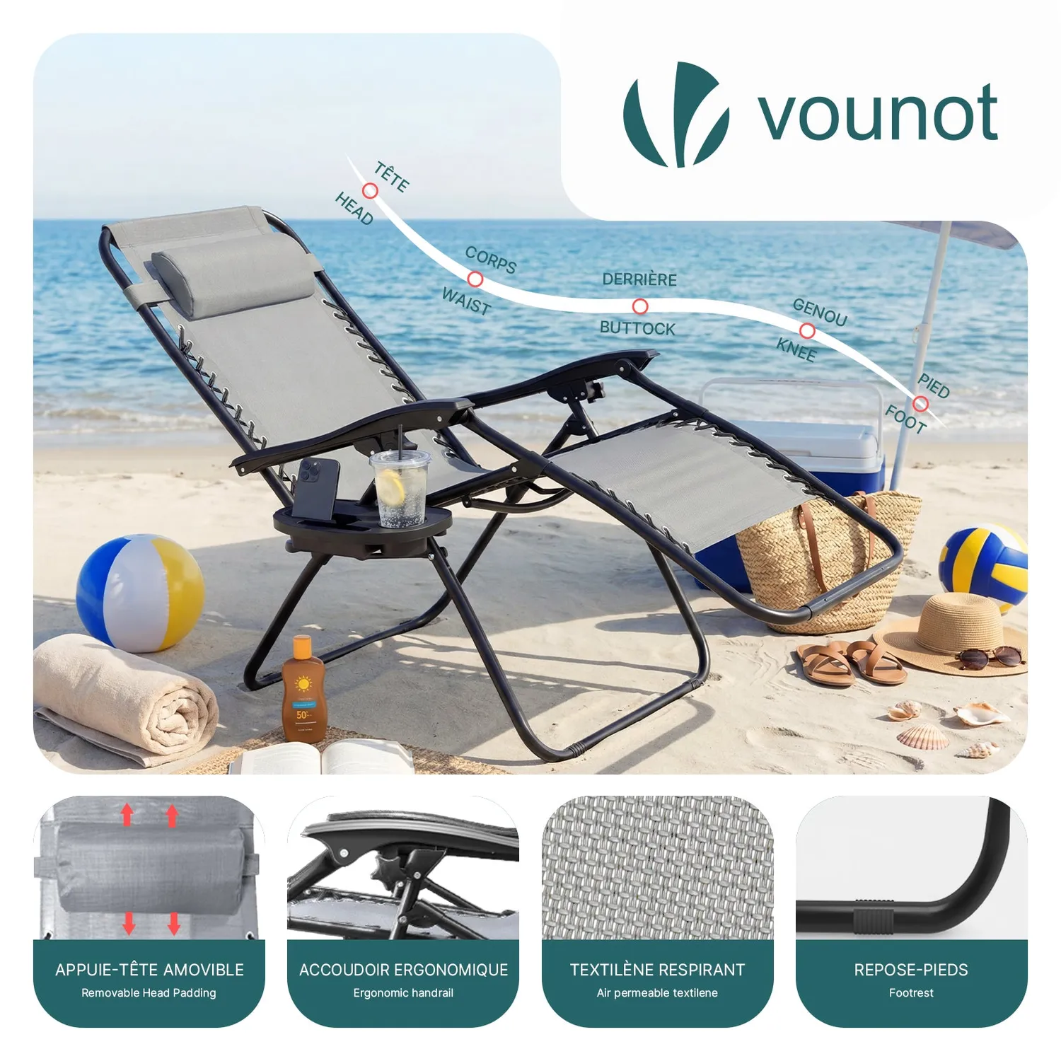 VOUNOT Set 2 Sdraio Textilene Grigie con Tavolino