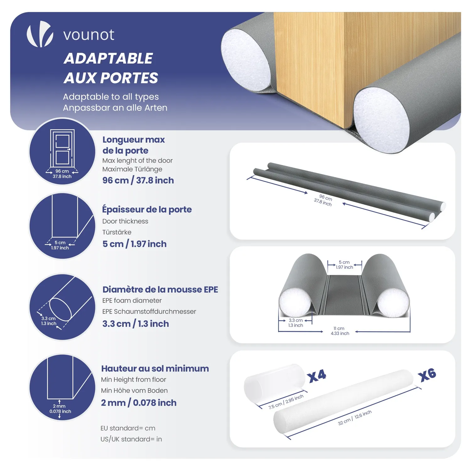 VOUNOT paraspifferi porta isolante 96cm grigio 4 pezzi