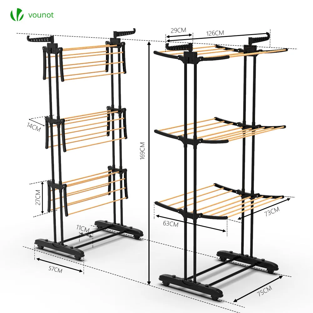 VOUNOT stendibiancheria pieghevole nero 3 livelli con ruote