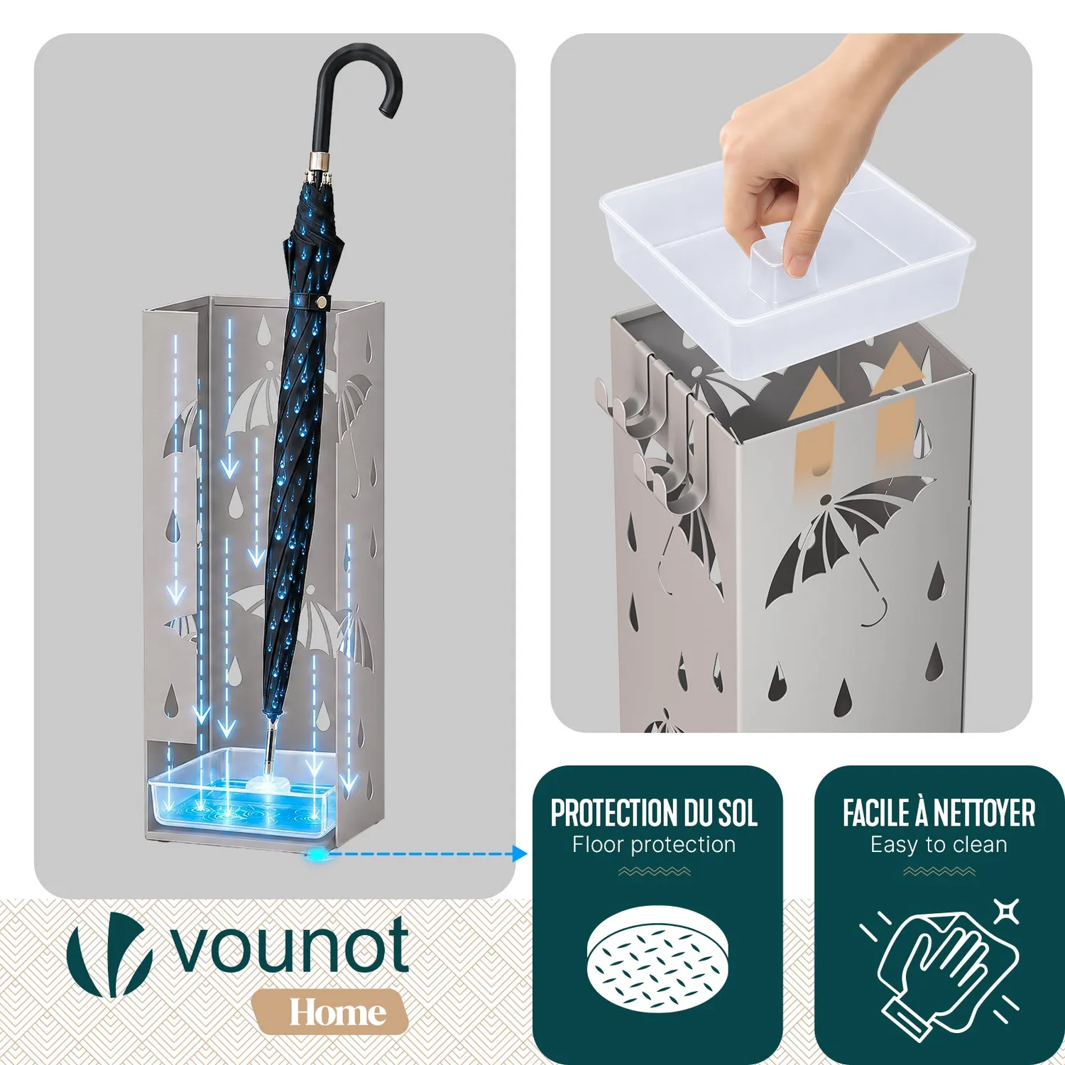 VOUNOT portaombrelli metallo beige con vaschetta 4 ganci