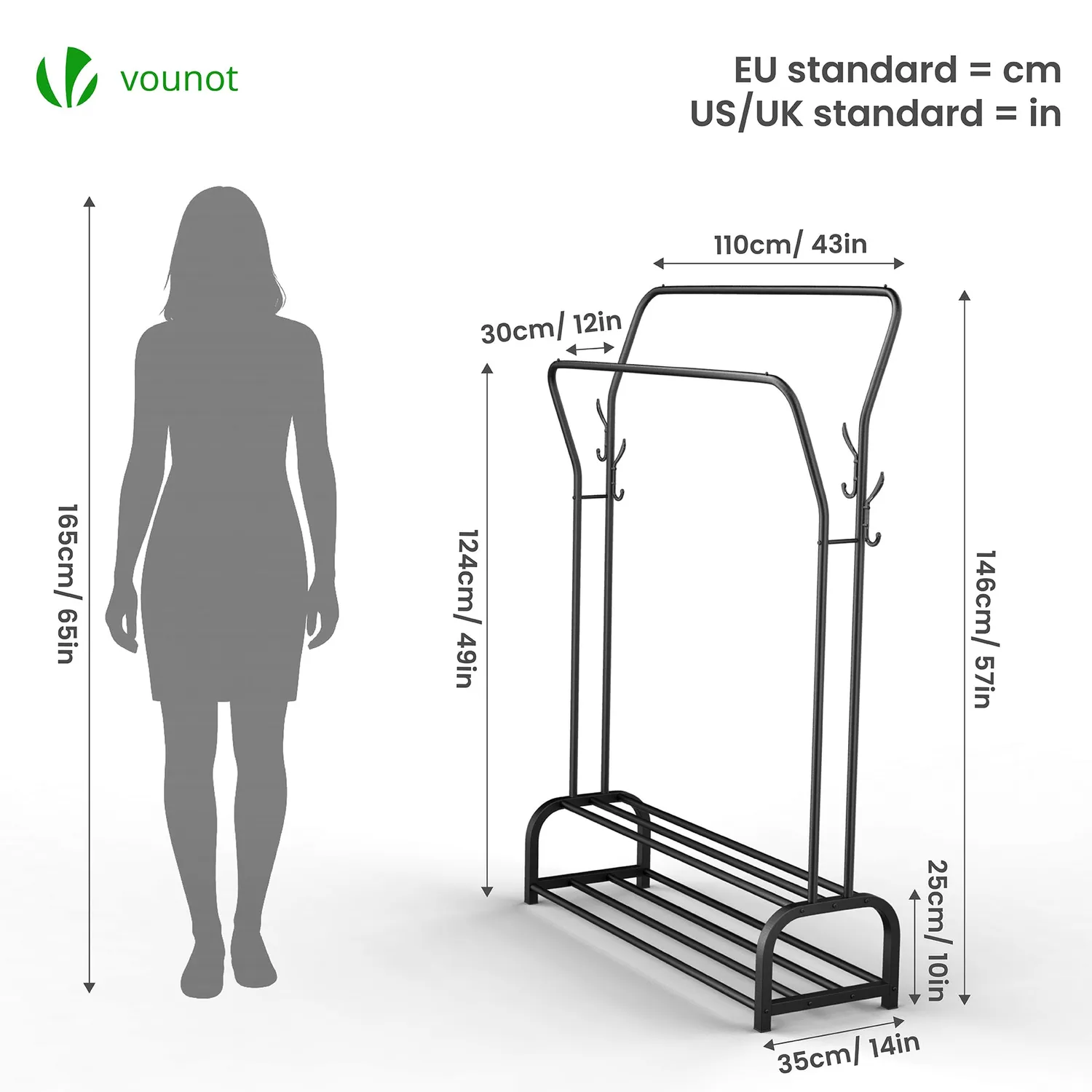 VOUNOT Appendiabiti Doppio Metallo Nero 110x35x146 cm