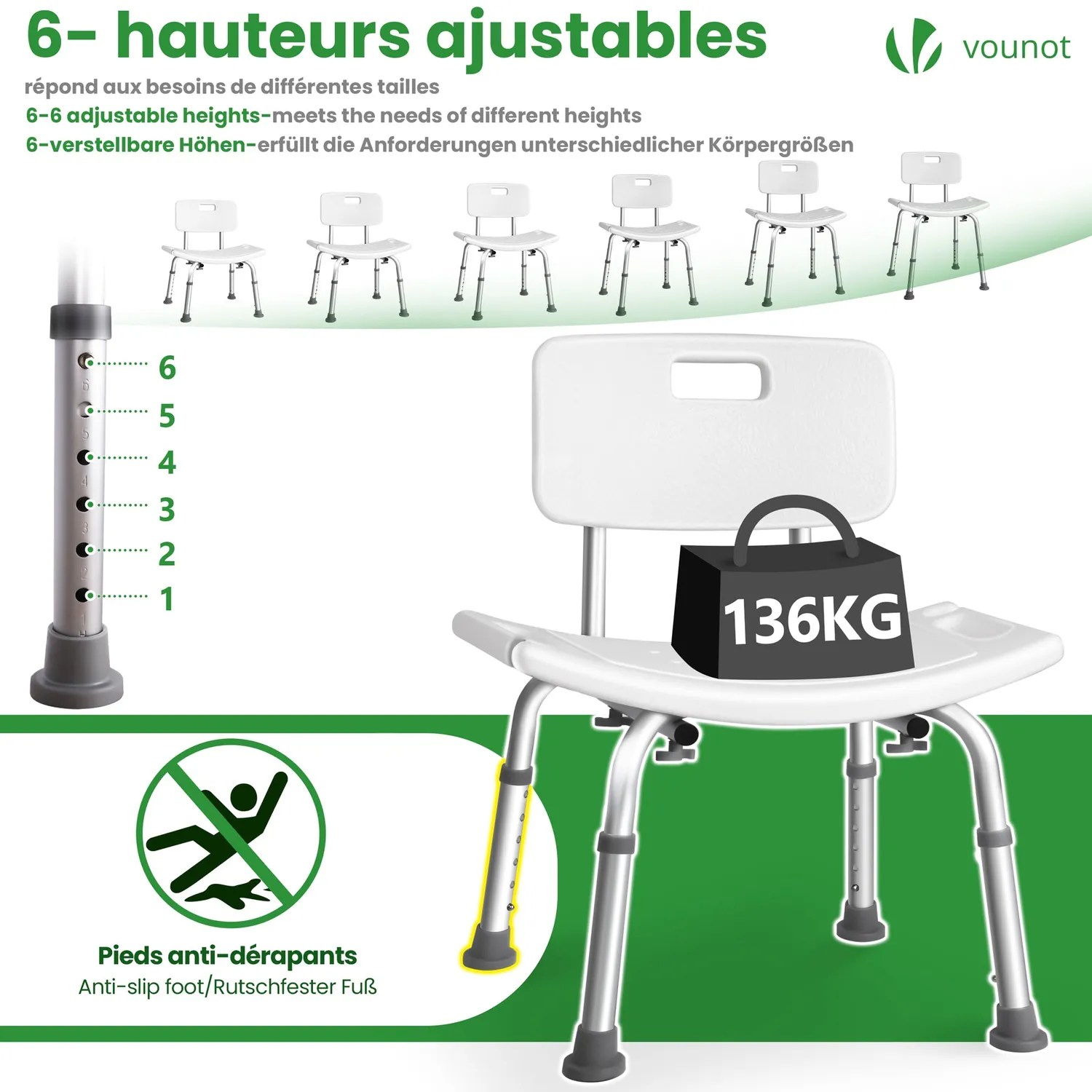 Vounot sedia doccia alluminio bianca regolabile HDPE