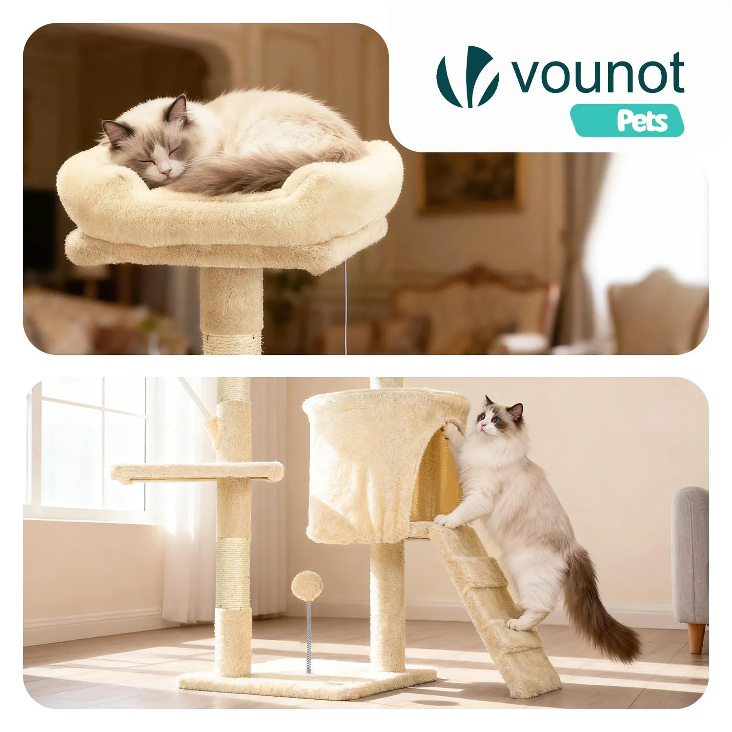 VOUNOT Albero Tiragraffi Gatto 112cm Beige 6 Livelli