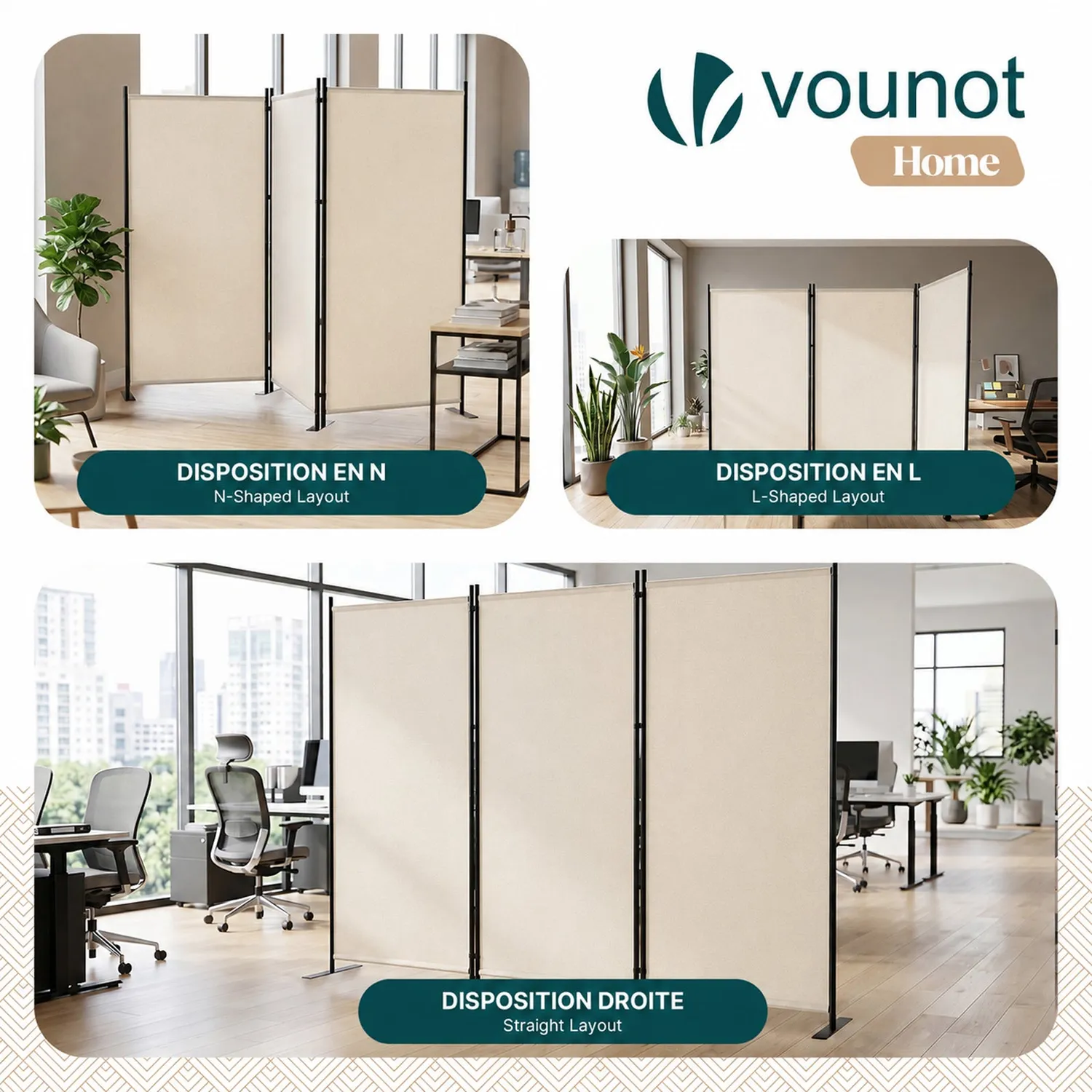 VOUNOT Paravento separè 3 pannelli 262cm beige pieghevole