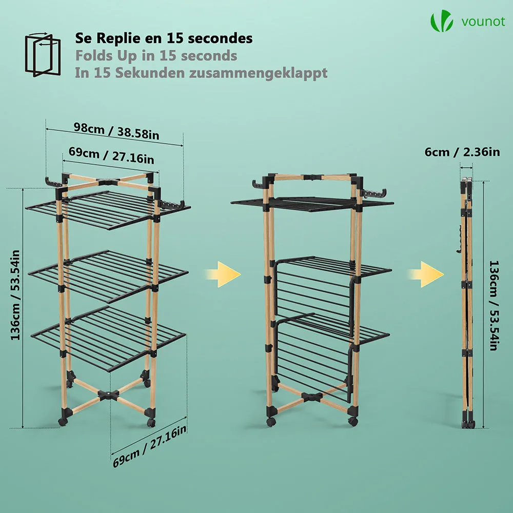 Vounot stendibiancheria a torre 3 livelli nero 69x136cm legno