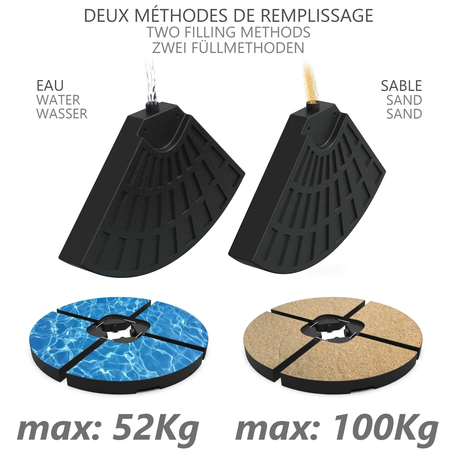Vounot set 4 basi zavorra ombrellone 52L nere riempibili