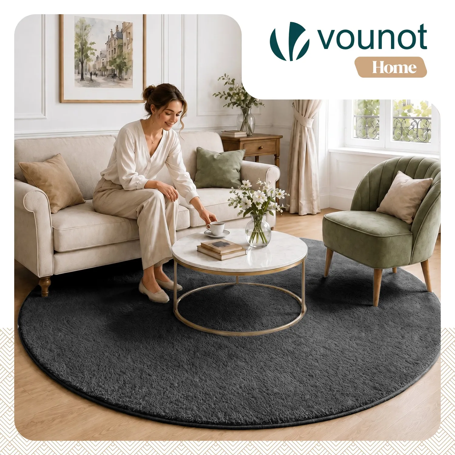 Vounot Tappeto Rotondo Pelo Raso diam. 200 cm Antracite Morbido