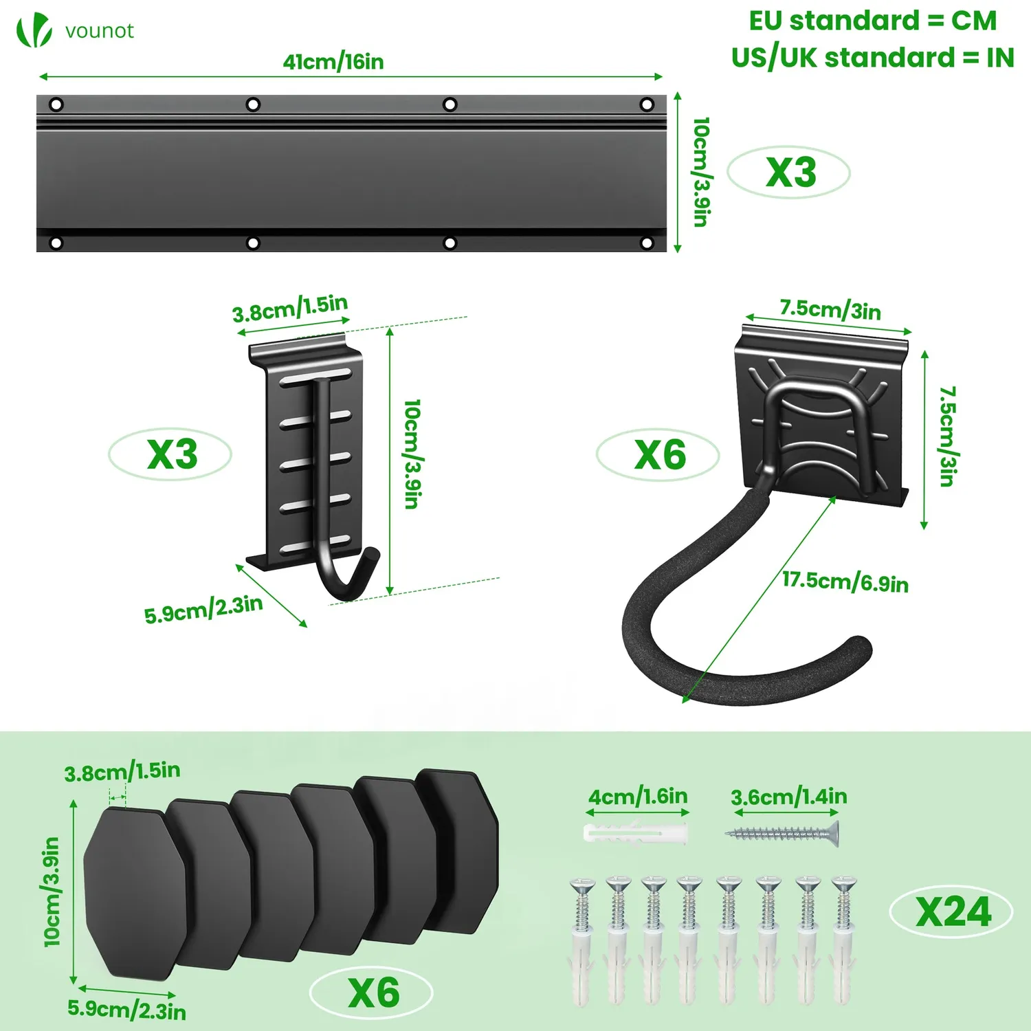 VOUNOT Portabici Muro 6 Bici+3 Caschi Nero Metallo 123 cm