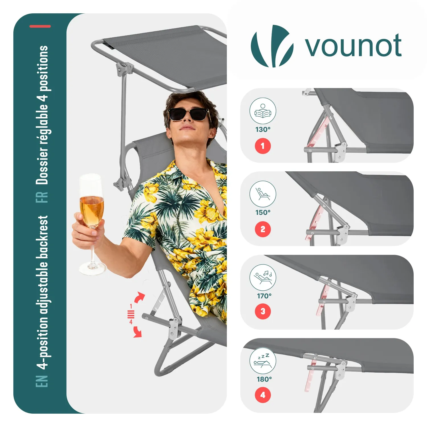 VOUNOT sdraio pieghevole con parasole grigio 2 pz