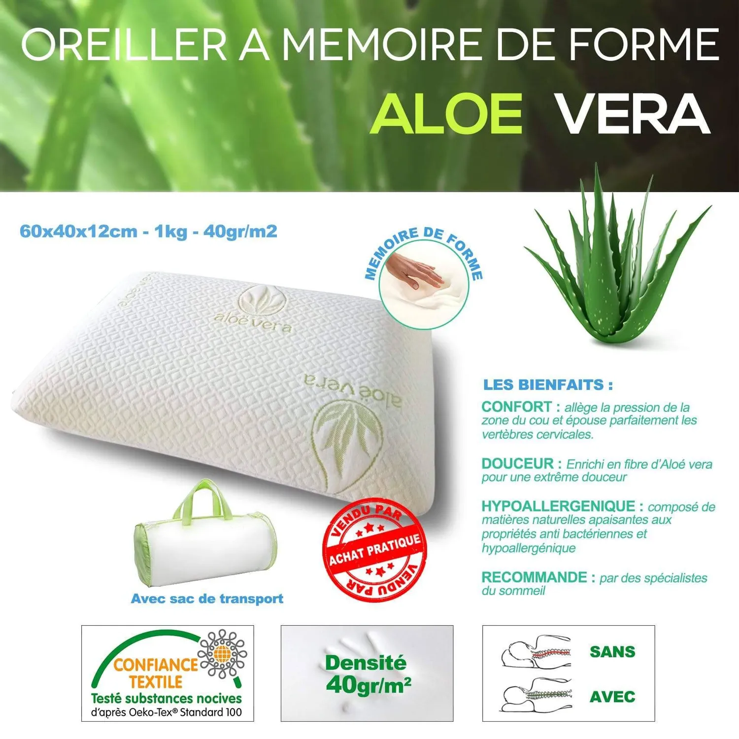 Vounot Cuscino Memory Foam Aloe Vera 60x40 cm ipoallergenico