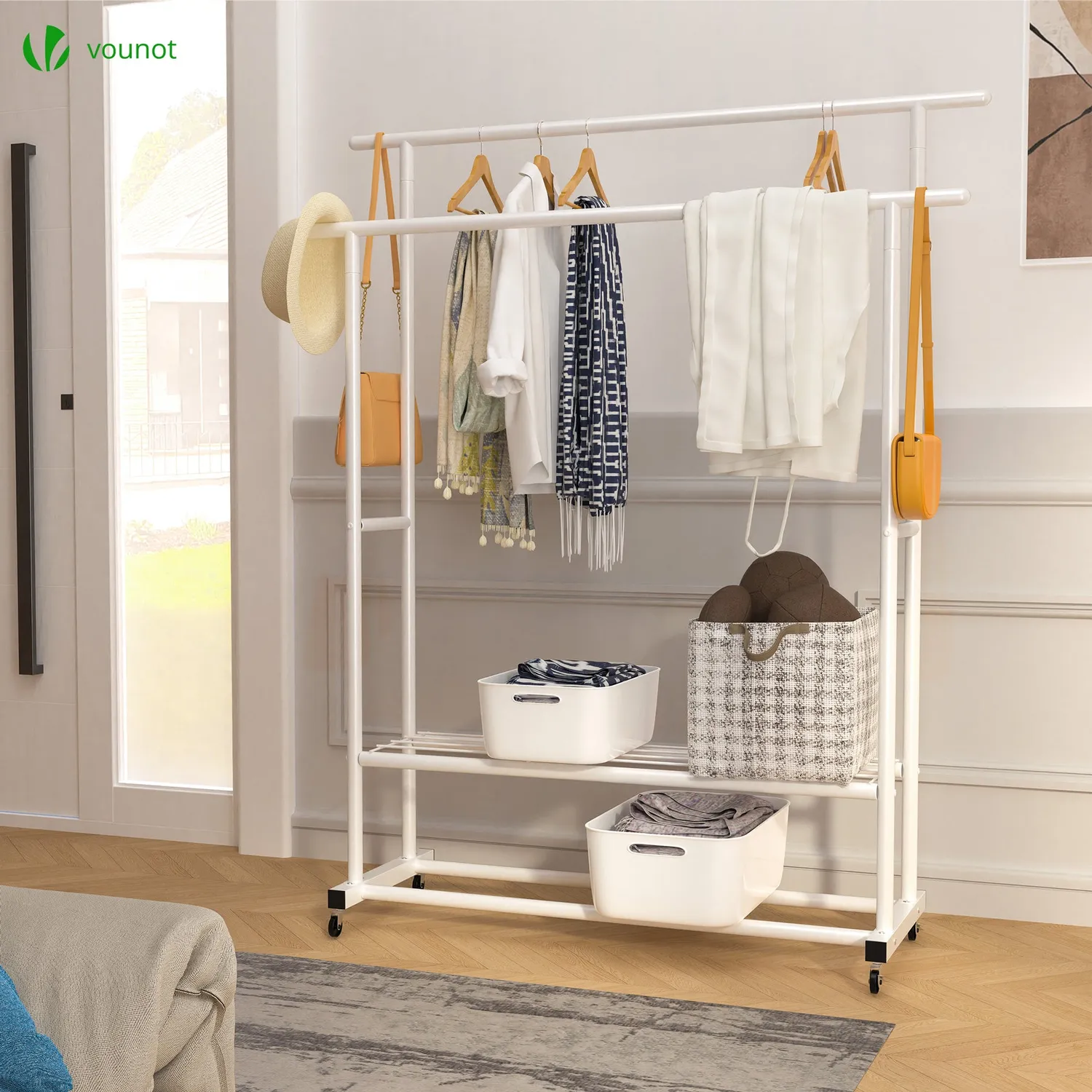 VOUNOT stender appendiabiti doppio 120x40x146 bianco ruote