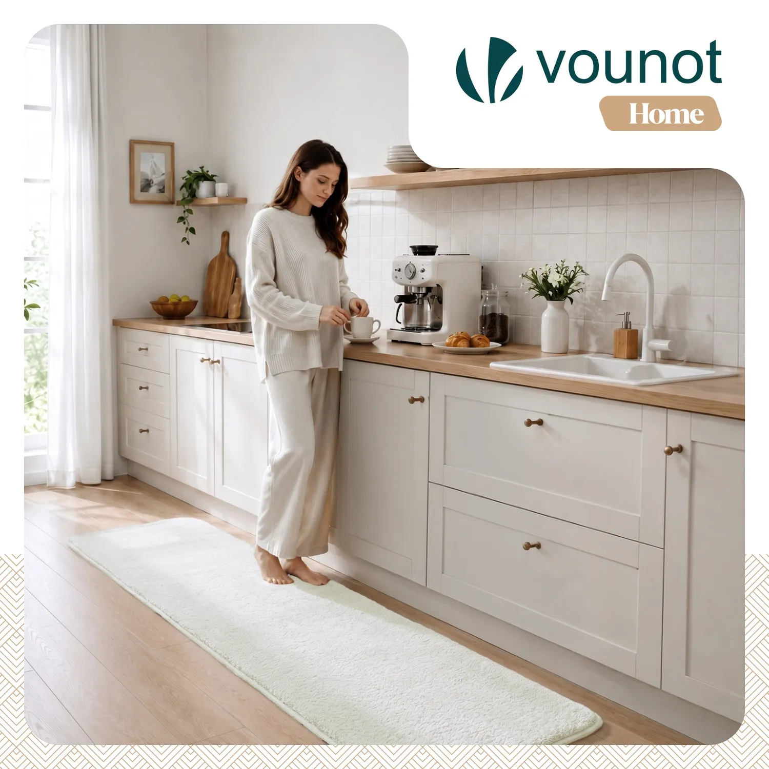 Vounot tappeto pelo raso 60x180cm crema antiscivolo morbido