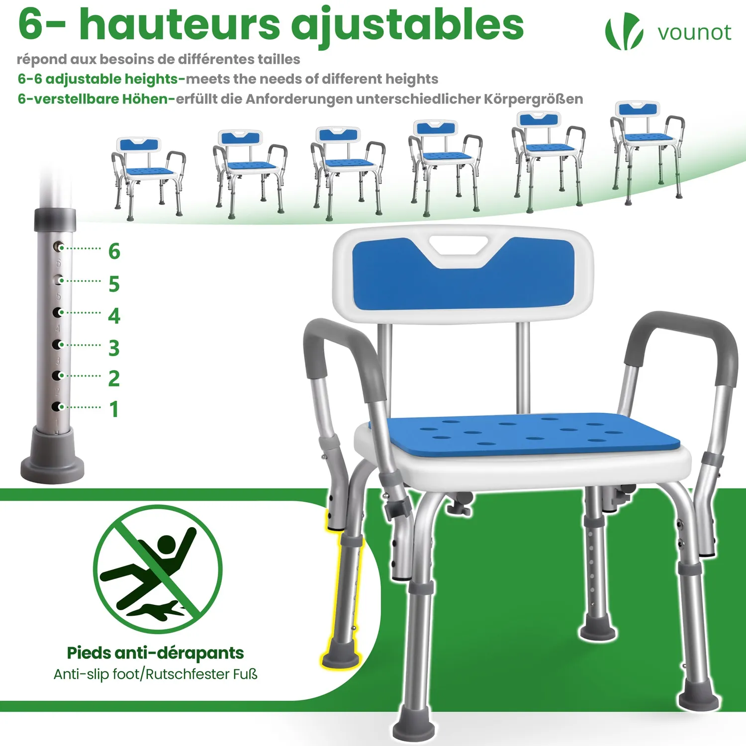 VOUNOT Sedia Doccia Regolabile Alluminio HDPE Blu Altezza