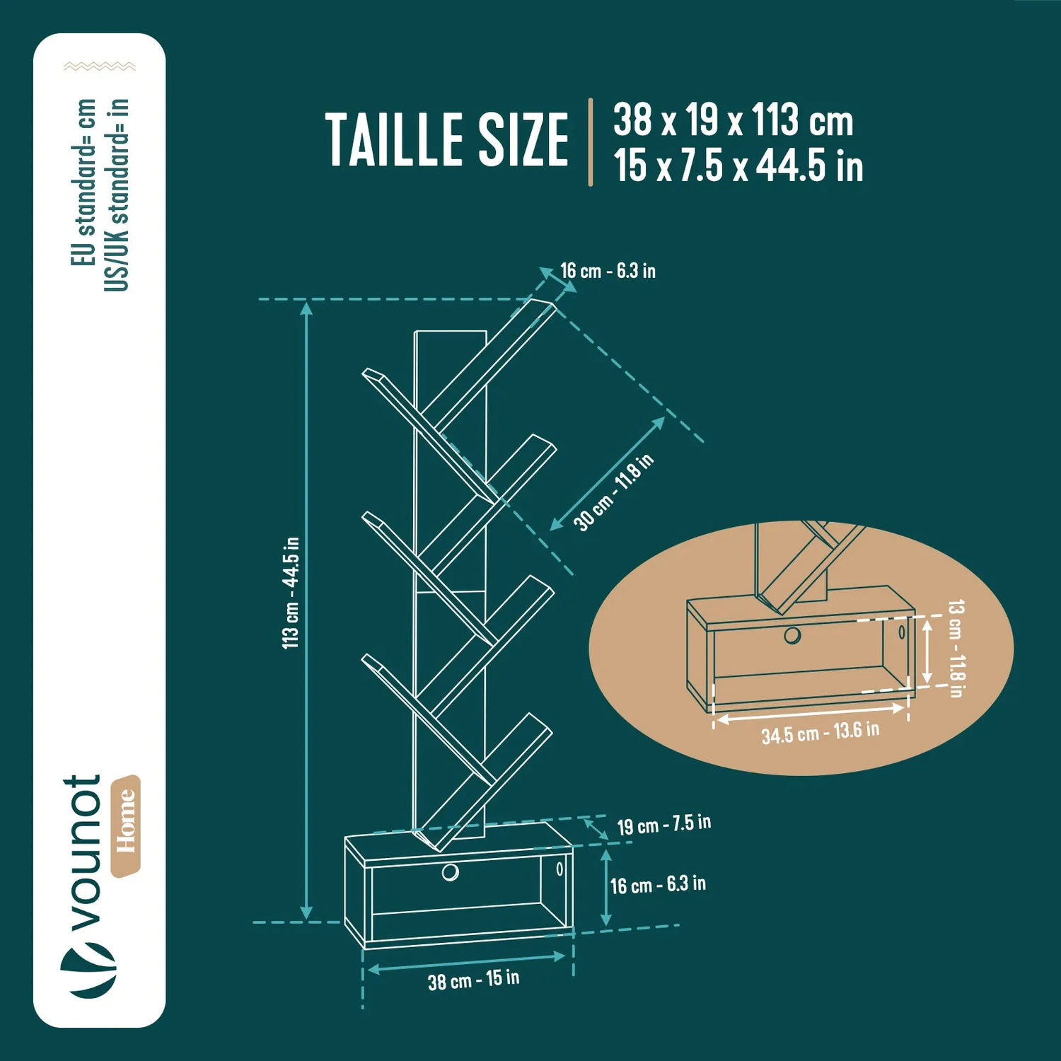 VOUNOT Libreria albero 6 ripiani 38x19x113cm marrone rustico MDF