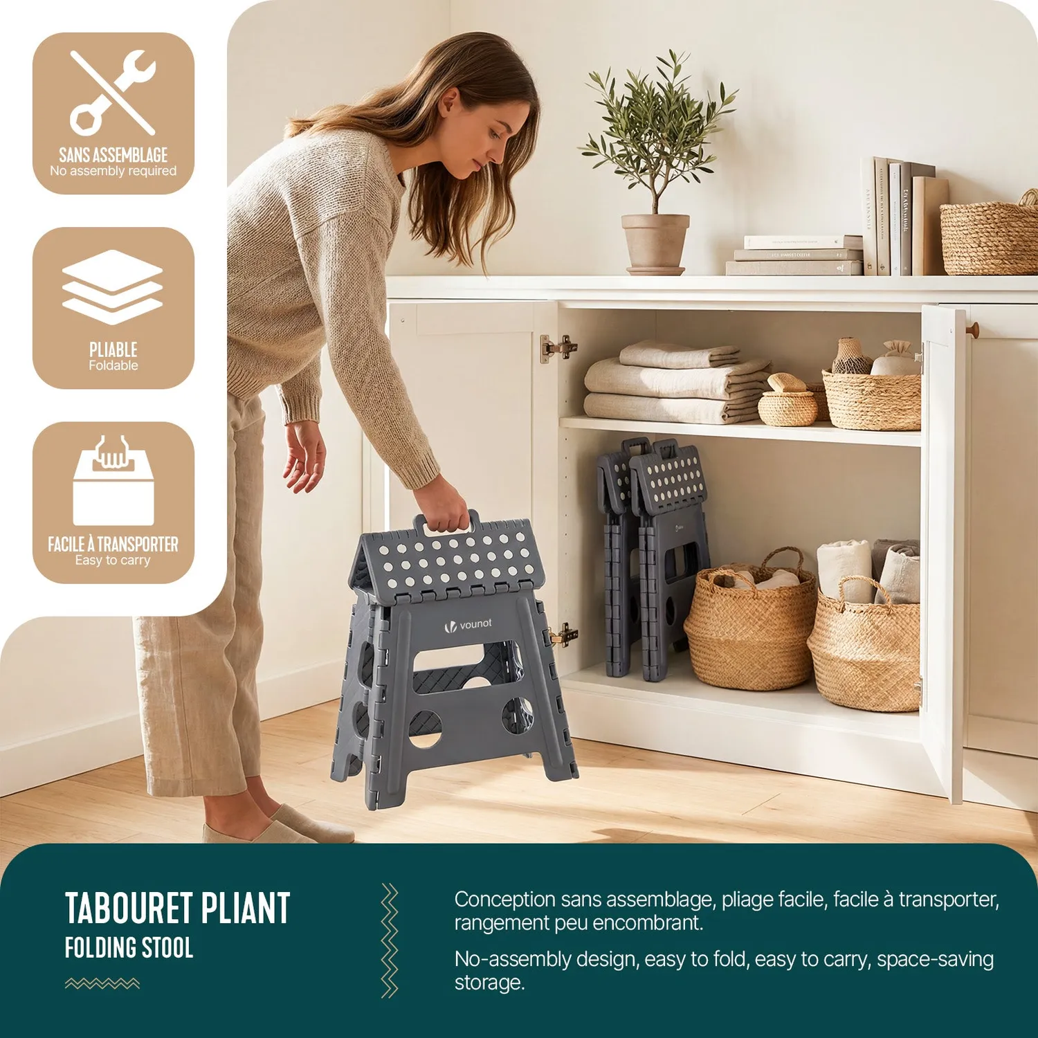 Vounot sgabello pieghevole plastica grigio 37x30x32,5 cm