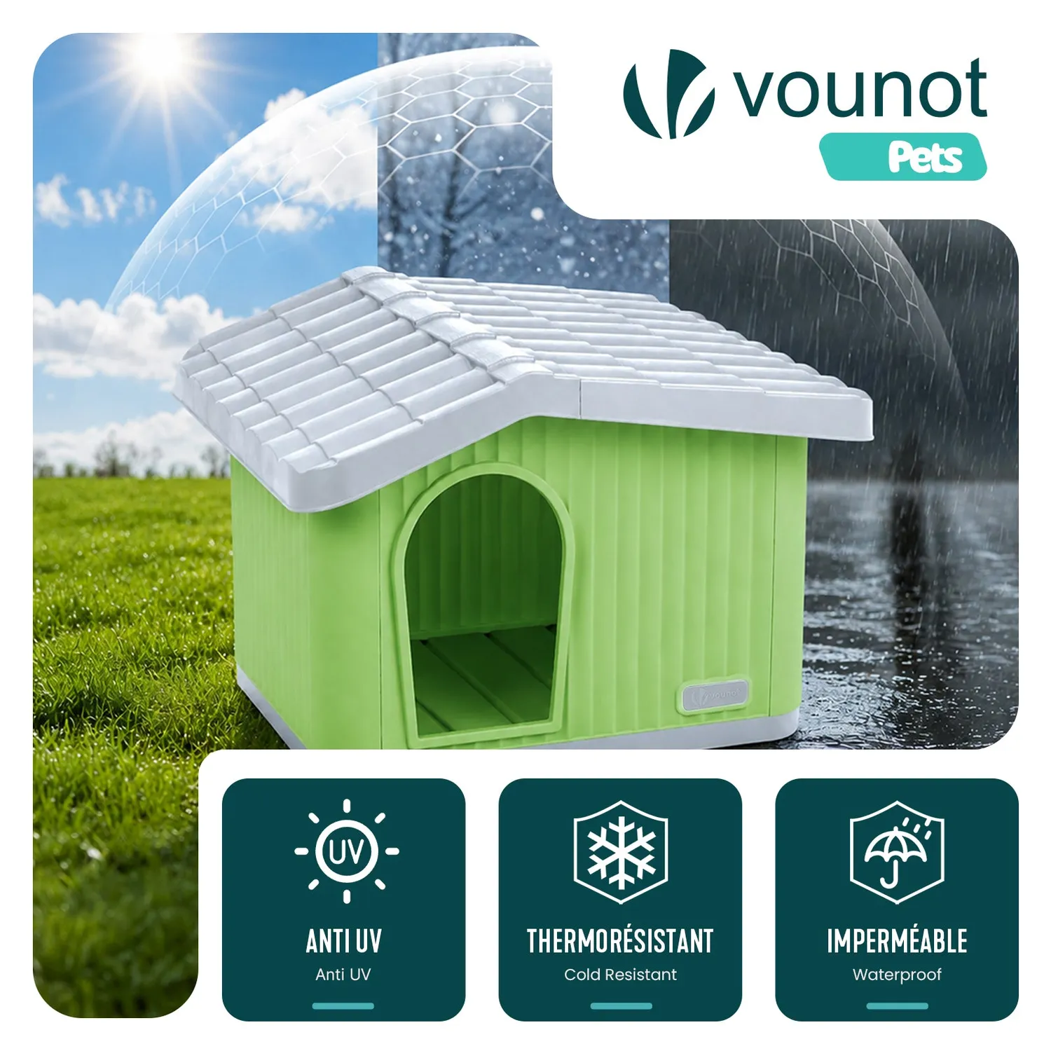 VOUNOT Casetta per Cane Gatto Plastica 75x63x51cm Verde