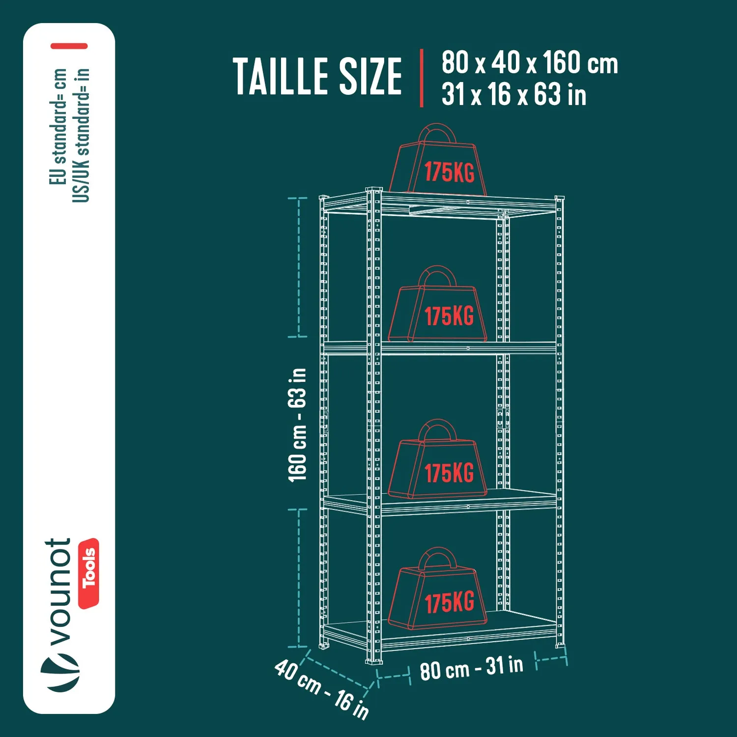 VOUNOT Scaffale Metallo 80x40x160cm 4 Ripiani Portante