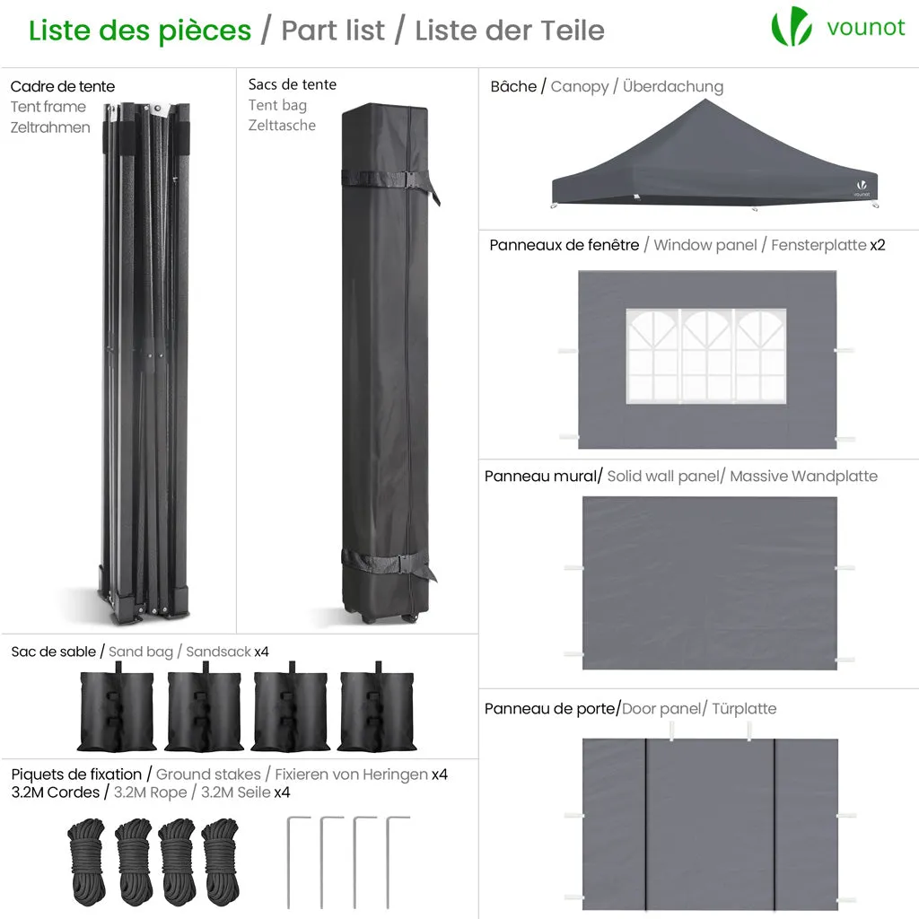 VOUNOT Gazebo pieghevole 3x3 m grigio con pareti impermeabile