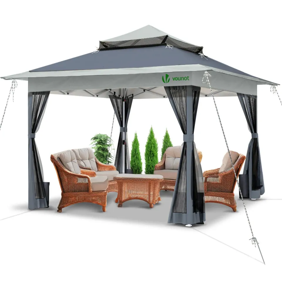 Vounot Gazebo Pieghevole 3.6x3.6m Grigio con Zanzariere