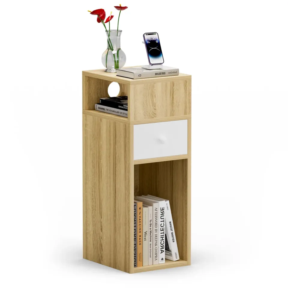 VOUNOT Comodino legno 25x30x66cm naturale con cassetto
