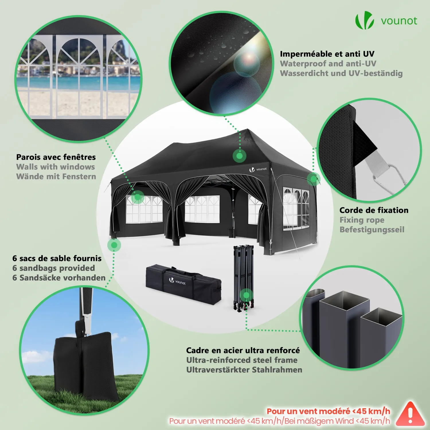 VOUNOT Gazebo giardino pieghevole 3x6m nero 6 pareti