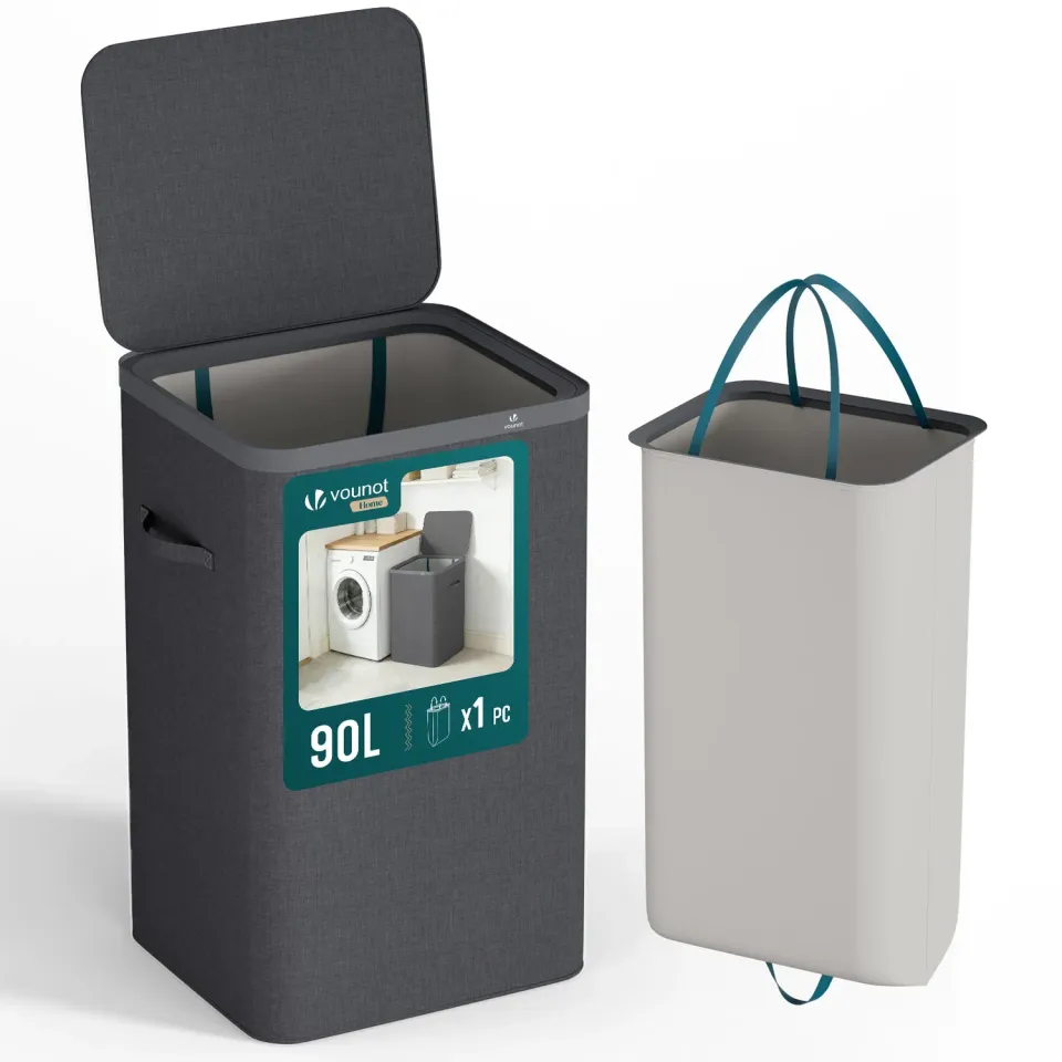 VOUNOT Cesto Portabiancheria 90L Antracite con Coperchio
