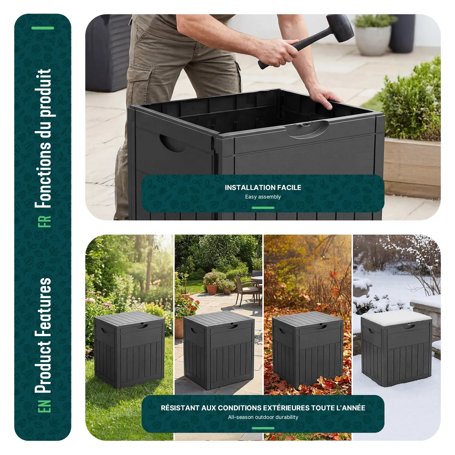 VOUNOT Baule Giardino Esterno 126L Nero Effetto Legno 56x43x53