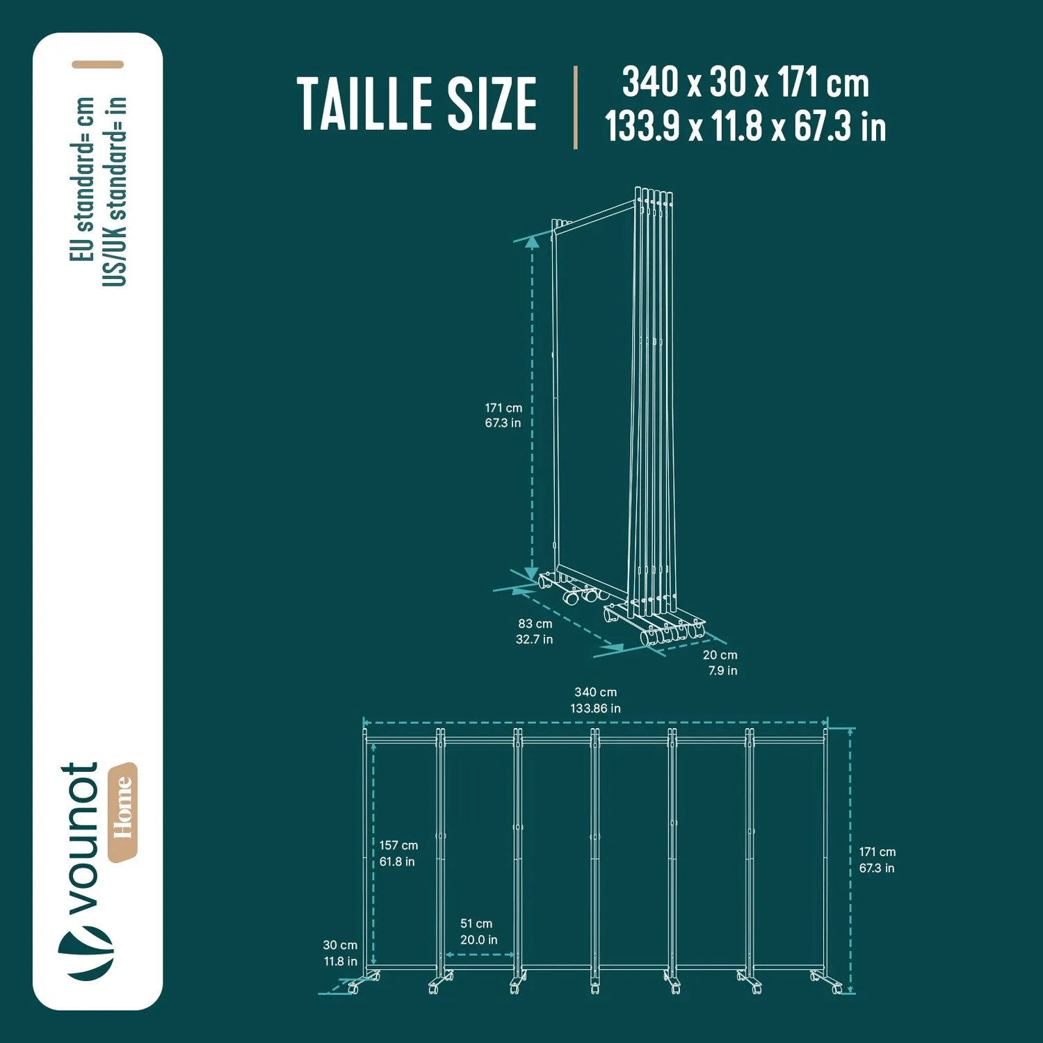 Vounot Paravento Interno 6 Pannelli 340x171 Antracite con Ruote