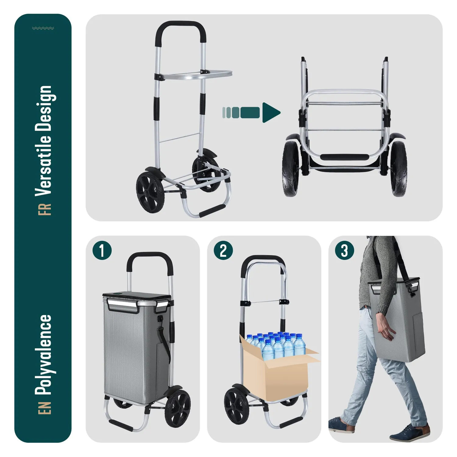 VOUNOT carrello spesa pieghevole alluminio grigio 58L isotermico