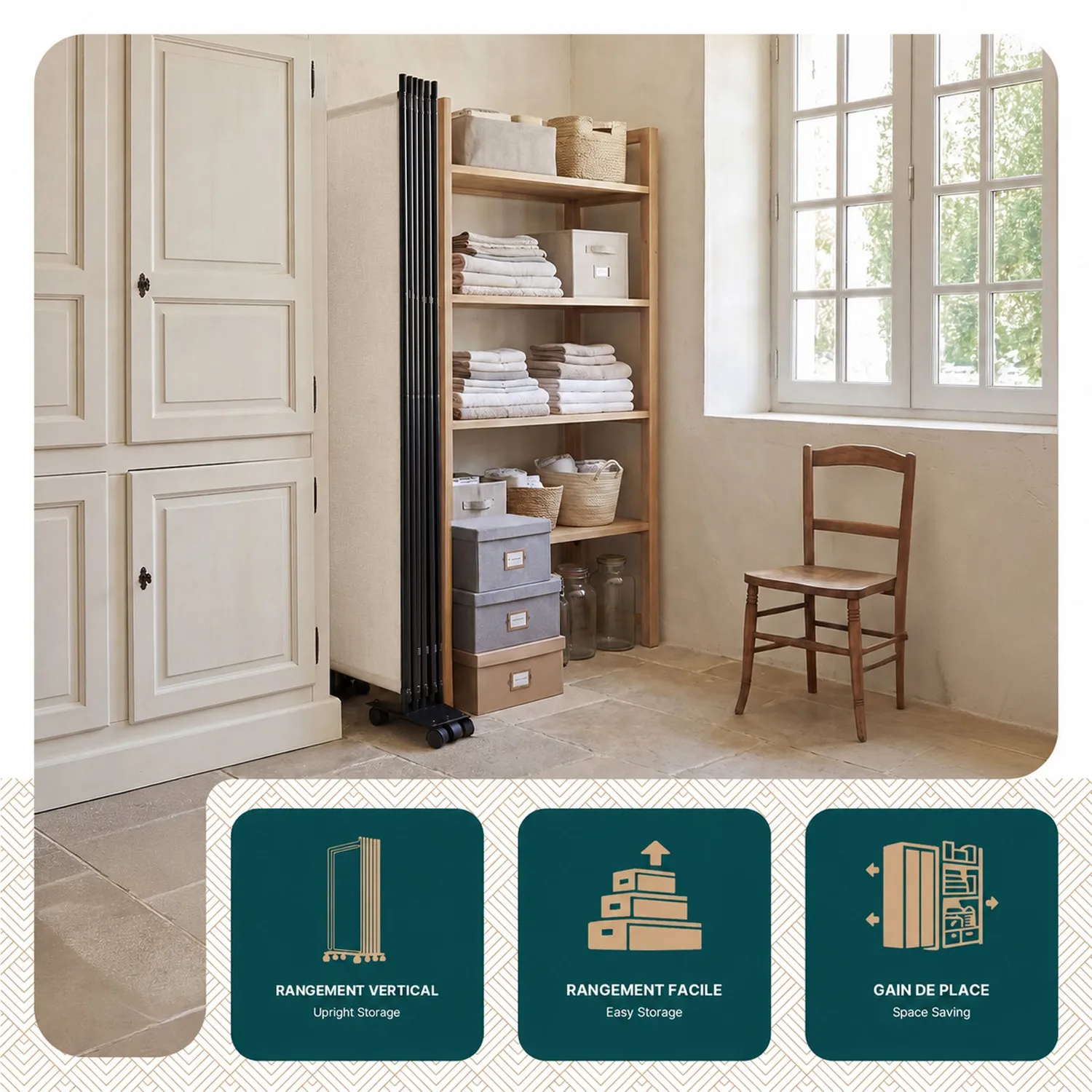 VOUNOT Paravento interno 4 pannelli con ruote beige 228x171 cm